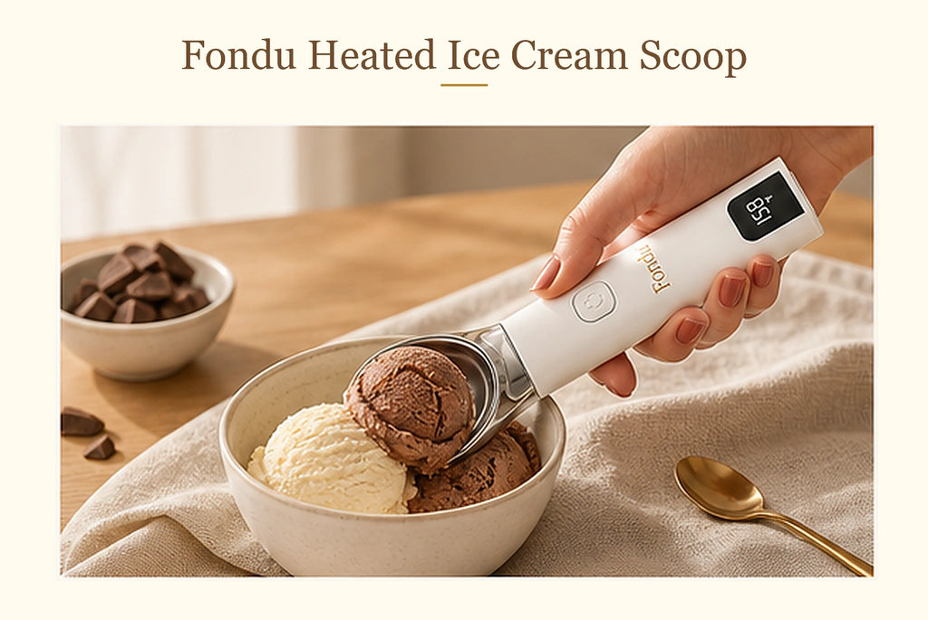 Fondu heated ice cream scoop in use with ice cream