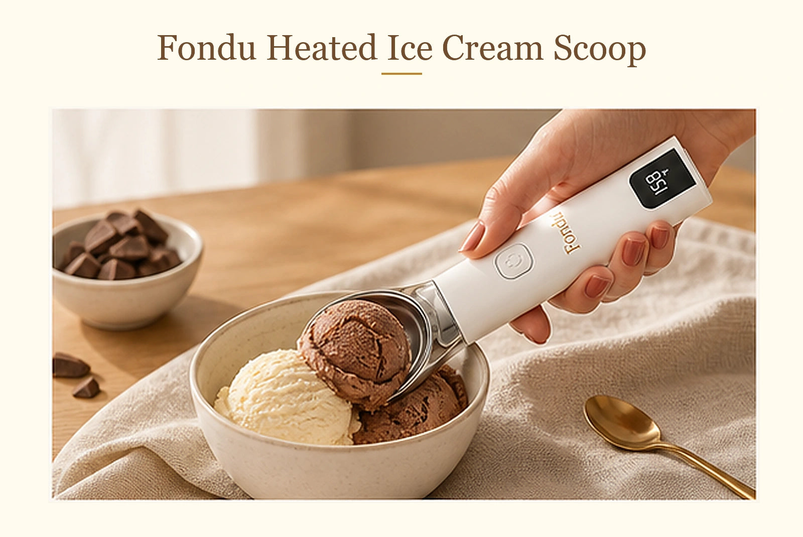 Fondu heated ice cream scoop in use with ice cream