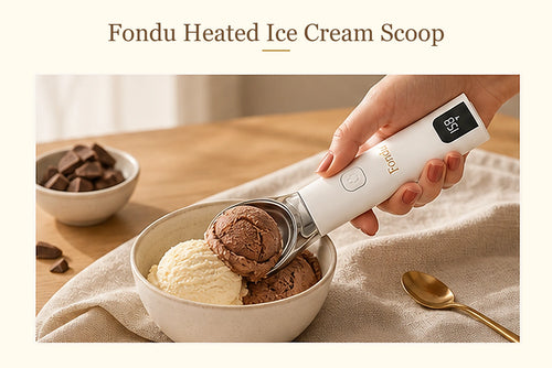 Fondu heated ice cream scoop in use with ice cream