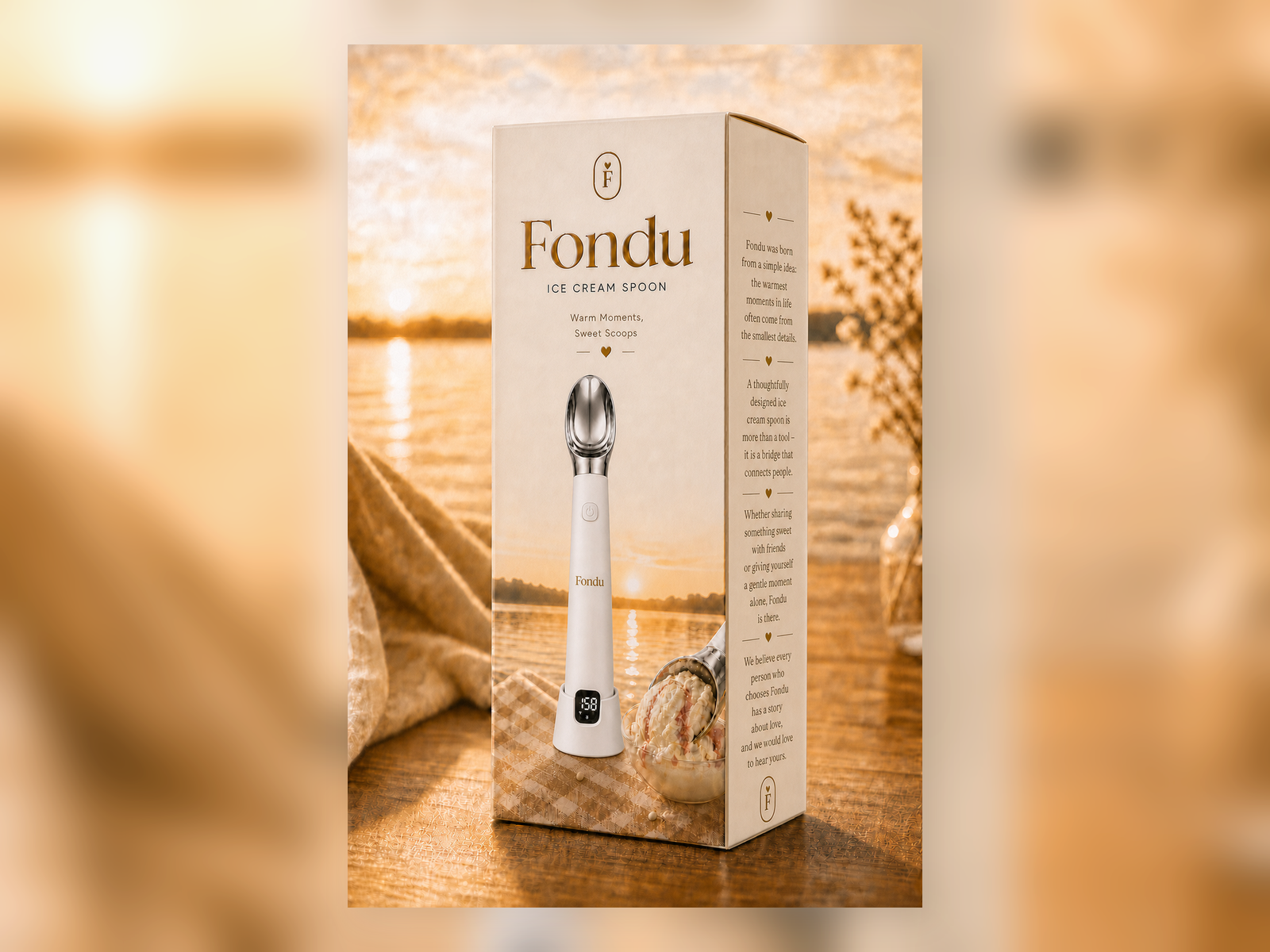 Fondu gift box front packaging in a golden sunset dessert scene