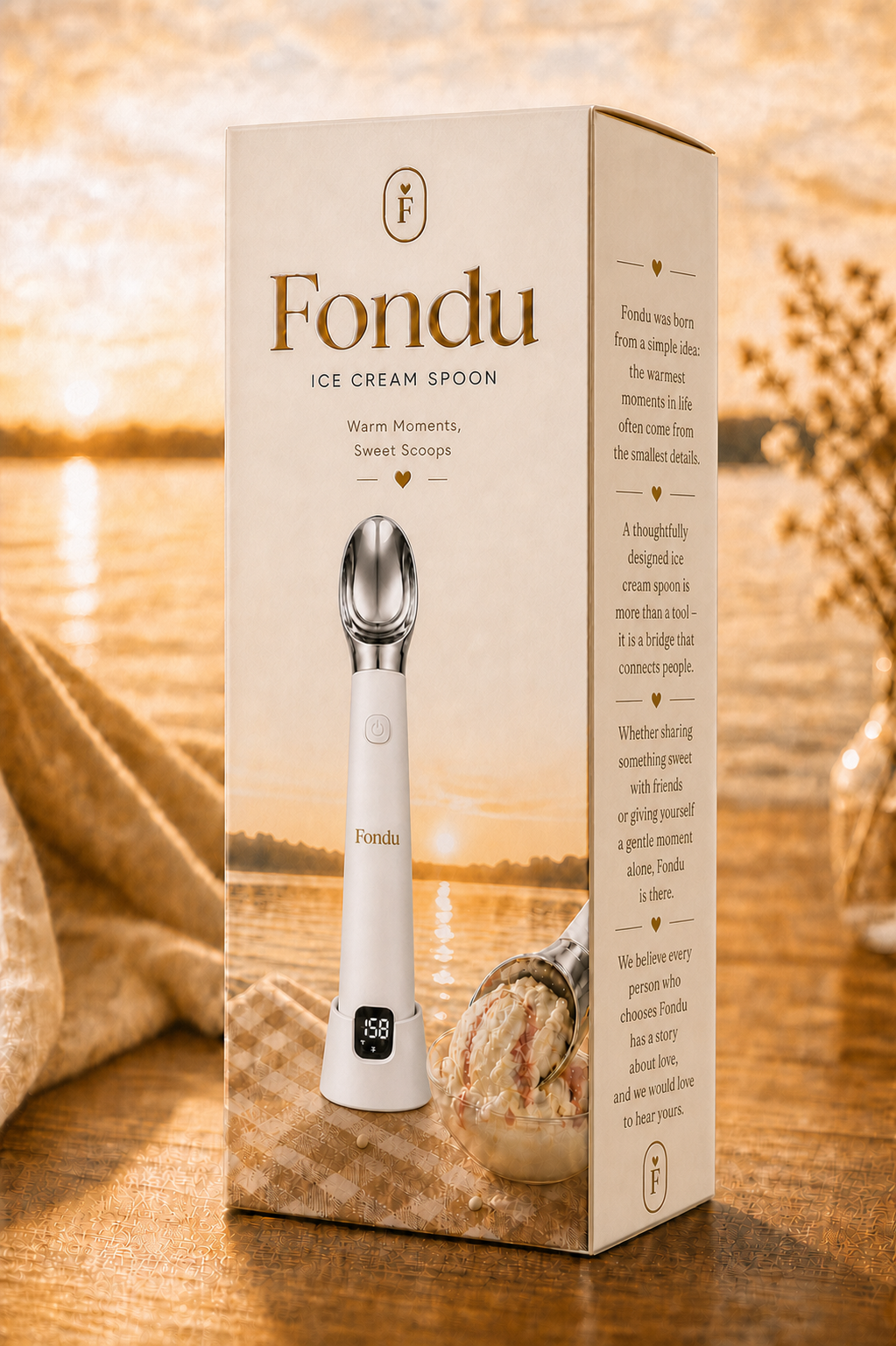 Fondu gift box front packaging in a golden sunset dessert scene